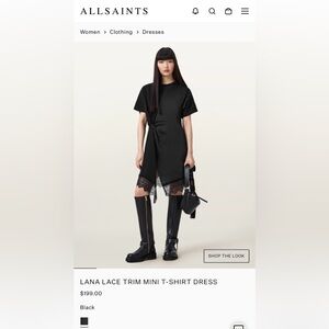 All Saints Black Asymmetrical Dress with Lace Detail